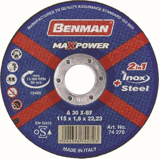Φωτογραφία προϊόντος: Benman Δίσκος Κοπής Inox & Steel Maxpower 115mm 74270 1τμχ