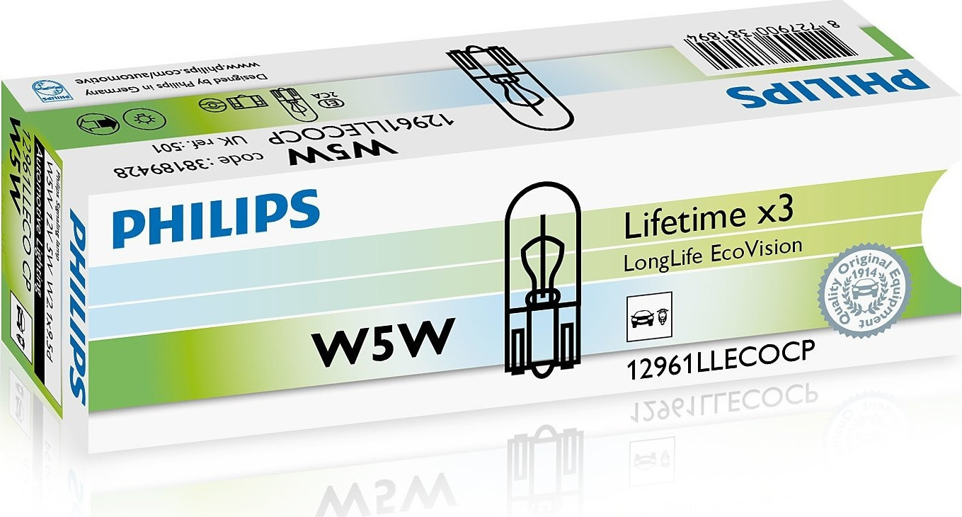 Φωτογραφία προϊόντος: PHILIPS W5W 12V 5W W2,1x9,5d LongLife EcoVision (12961LLECOCP) 1τμχ