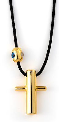 Φωτογραφία προϊόντος: Black Cord Necklace - Sterling Silver Gold Plated Cross Evil Eye