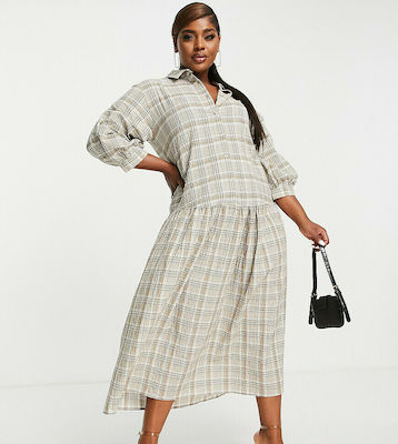 Φωτογραφία προϊόντος: ASOS DESIGN Curve button though shirt midi smock dress in brown white check-Multi