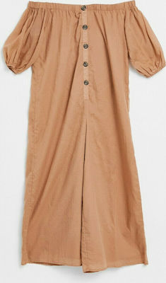 Φωτογραφία προϊόντος: ASOS DESIGN off shoulder button front dobby jumpsuit in mocha-Brown