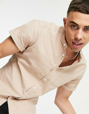 Φωτογραφία προϊόντος: ASOS DESIGN slim fit oxford shirt with short sleeves and grandad collar in tan-Brown