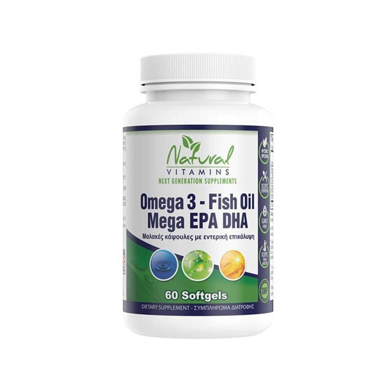 Φωτογραφία προϊόντος: Natural Vitamins Omega 3 Fish Oil Mega EPA DHA, Χωρίς Επίγευση Ψαριού, 60 μαλακές κάψουλες
