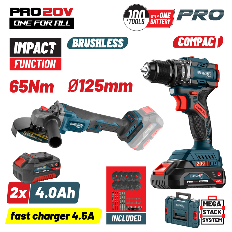 Φωτογραφία προϊόντος: Σετ Compact Brushless Κρουστικό Δραπαν/βιδο 65Νm & Γωνιακός Τροχός,ΒMC BORMANN Pro BBP5433X44T2CA (083269)