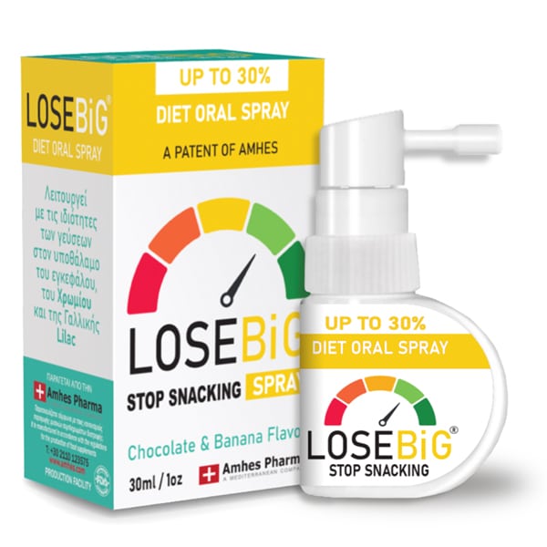 Φωτογραφία προϊόντος: AMHES PHARMA- LOSEBIG Stop Snacking Diet Oral Spray Chocolate &amp; Banana 30ml (Συμπλήρωμα Διατροφής που Περιορίζει τη Λιγούρα - Γεύση Σοκολάτα Μπανάνα)