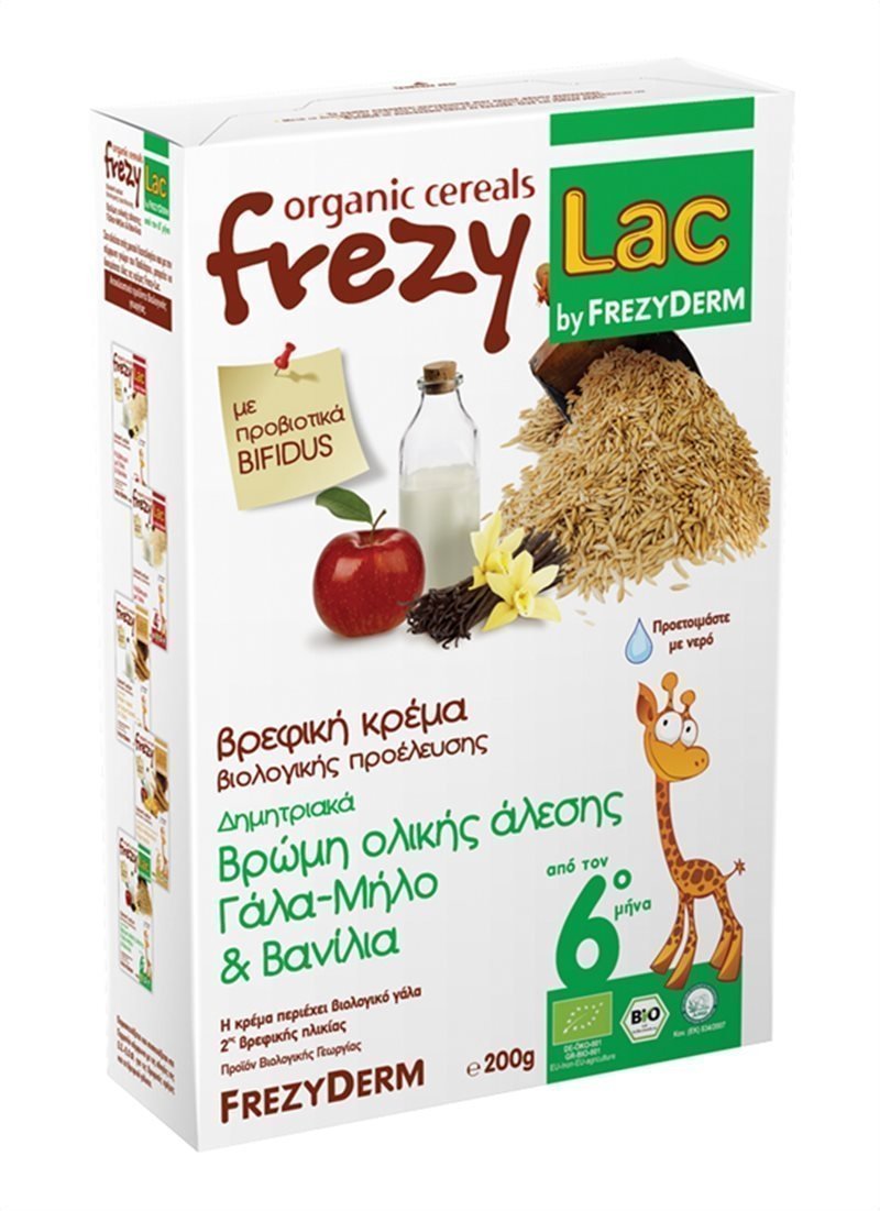 Φωτογραφία προϊόντος: FREZYDERM FREZYLAC Βρεφική Κρέμα Βρώμης Ολικής Άλεσης με Γάλα, Μήλο &amp; Βανίλια, 200gr