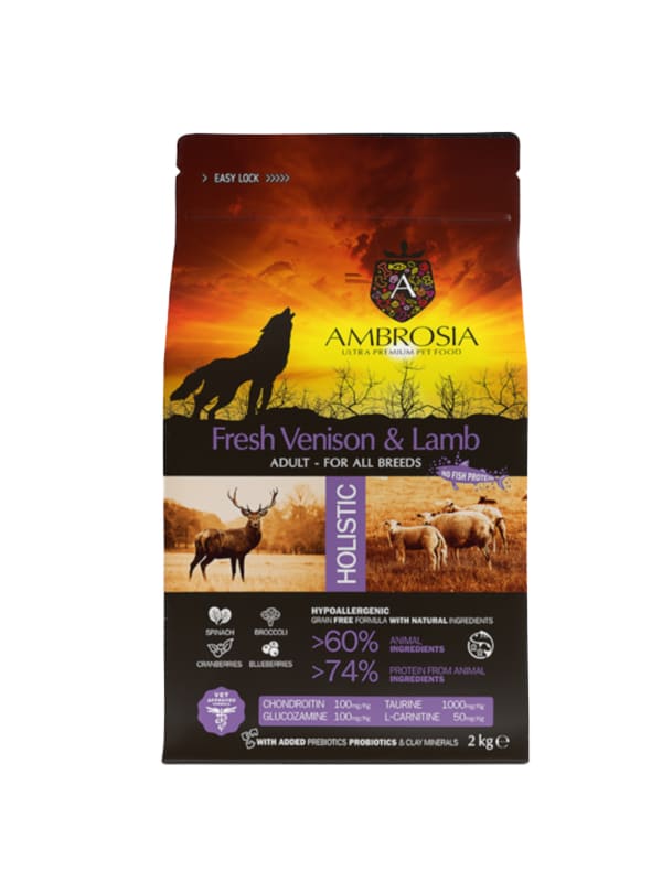 Φωτογραφία προϊόντος: Ambrosia grain free ολιστική τροφή για ενήλικες σκύλους μικρόσωμων φυλών με ελάφι και αρνί adult 2kg Ambrosia (5214000583943)