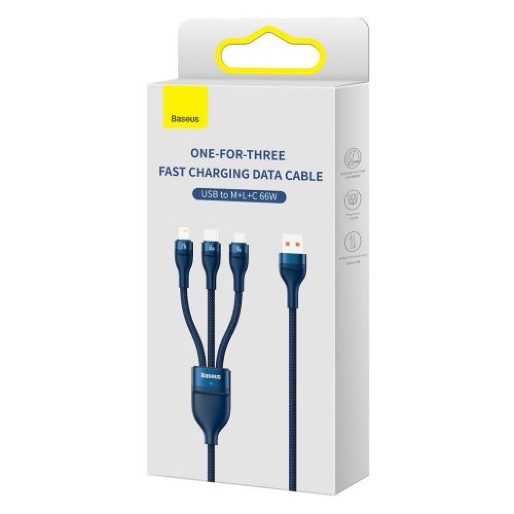 Φωτογραφία προϊόντος: Baseus Universal Cable Flash Series II 3-in-1 Fast Charging Data Cable (USB-A to Micro + Lightning + Type-C) 66W, 480mbps, 1.2m, Blue (CASS040003)