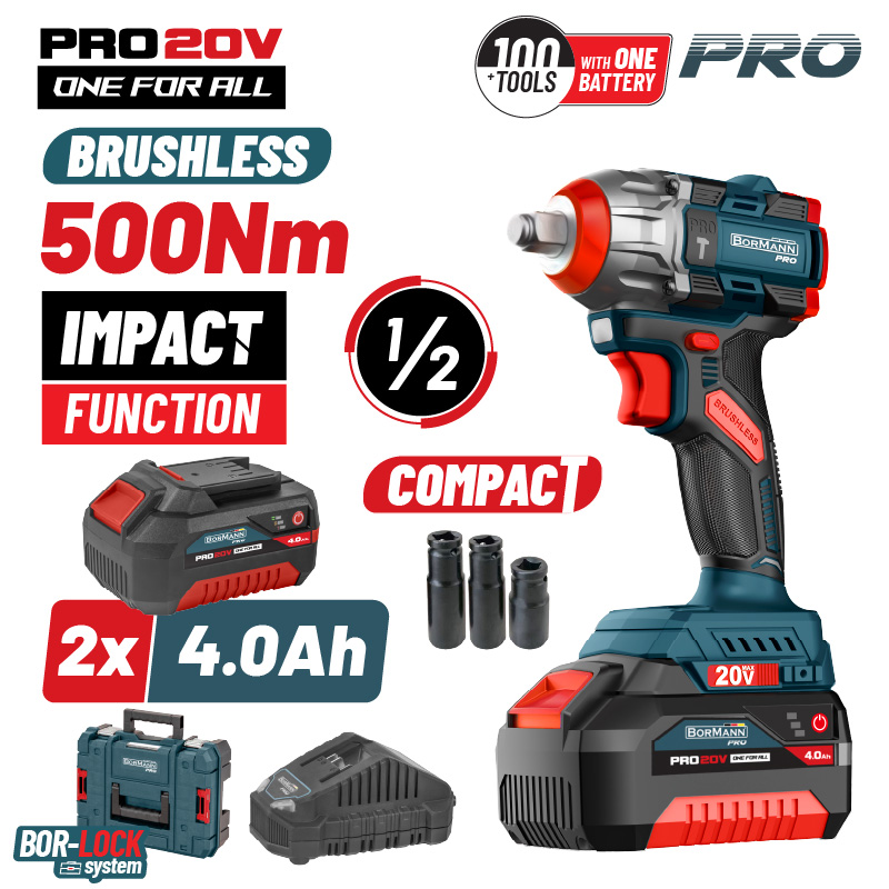 Φωτογραφία προϊόντος: BORMANN Pro BBP5422X44CA Μπουλονόκλειδο Compact Brushless Mπαταρίας 20V Li-Ion,500Nm,2x4Αh,Βαλίτσα