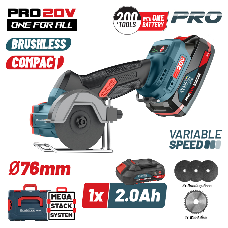 Φωτογραφία προϊόντος: Μini Brushless Γωνιακός Τροχός Ρυθμ. 20V, 0-7000/14000/20000rpm,1x2Ah BORMANN Pro BBP5418X2CA (085027)