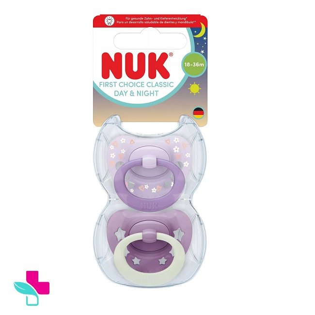 Φωτογραφία προϊόντος: Nuk First Choice Classic Πιπίλες Day & Night Σιλικόνης Μωβ με καρδούλες με θήκη 18-36m, 2 τμχ