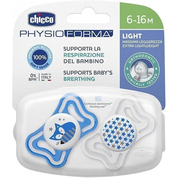 Φωτογραφία προϊόντος: Chicco Physio Forma Light Εργονομική Πιπίλα με Θηλή Σιλικόνης για Ηλικίες 6-16m (Μπλέ με γατούλα και διάφανη με αστεράκια) 2 τμχ