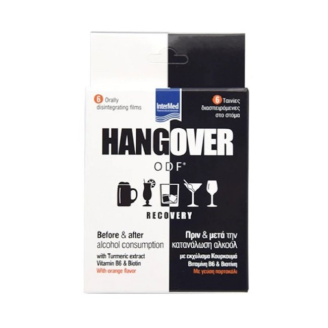 Φωτογραφία προϊόντος: Intermed Hangover ODF® Recovery 6 Διασπειρώμενες Ταινίες Στο Στόμα Πριν & Μετά Την Κατανάλωση Αλκόολ Με Γεύση Πορτοκάλι