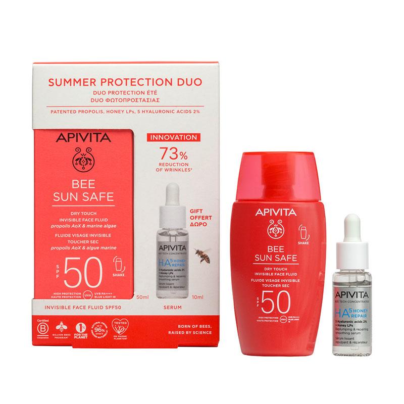 Φωτογραφία προϊόντος: Apivita Promo Summer Protection Duo Bee Sun Safe Dry Touch Λεπτόρευστη Κρέμα Προσώπου κατά των Πανάδων & Ρυτίδων SPF50 50ml & Δώρο HA5 Honey Repair Serum Ορός Επανόρθωσης 10ml