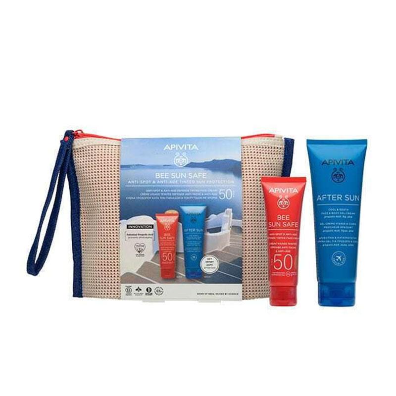 Φωτογραφία προϊόντος: Apivita Promo Bee Sun Safe Anti-Spot & Anti-Age Defence Face Cream Spf50 Tinted 50ml & ΔΩΡΟ After Sun Cool & Sooth Face & Body Gel-Cream Travel Size 100ml & ΔΩΡΟ Νεσεσέρ