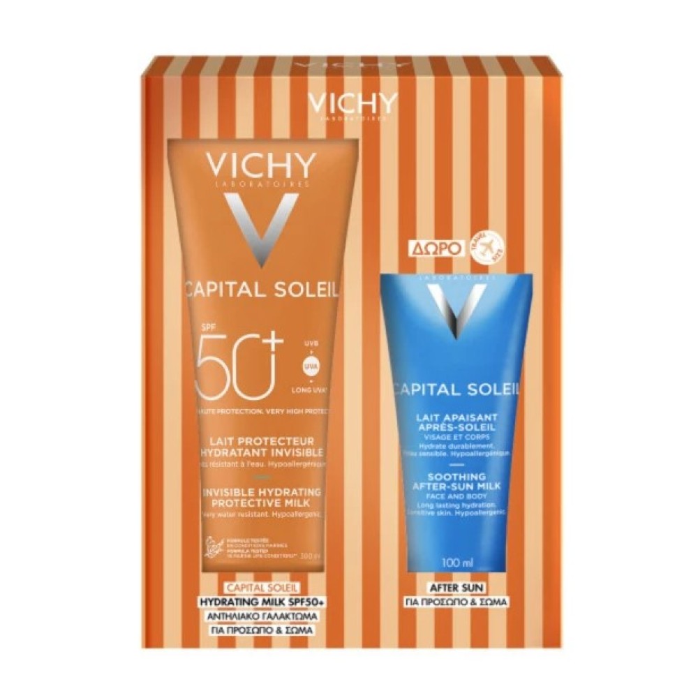 Φωτογραφία προϊόντος: Vichy Capital Soleil Invisible Hydrating Protective Milk SPF50+ Αντηλιακό Γαλάκτωμα Προσώπου & Σώματος (300ml) & Soothing After Sun Ενυδατικό Γαλάκτωμα (100ml)