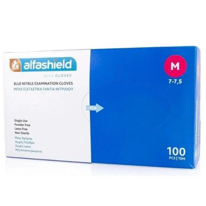 Φωτογραφία προϊόντος: ALFASHIED ALFASHIELD Alfa Gloves Εξεταστικά Γάντια Νιτριλίου μιας Χρήσης Χωρίς Πούδρα Μπλε Medium 100τμχ 7-7,5