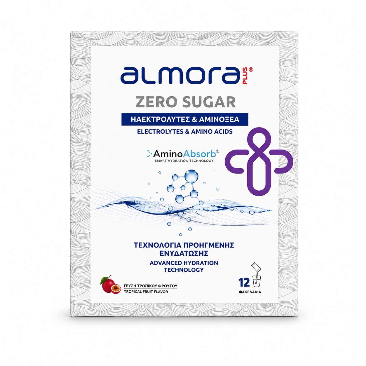 Φωτογραφία προϊόντος: ELPEN ALMORA Plus Zero Sugar, Ηλεκτρολύτες &amp; Αμινοξέα σε Γεύση Τροπικού Φρούτου -12φακελ.