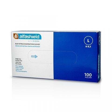 Φωτογραφία προϊόντος: ALFASHIED ALFASHIELD Alfa Gloves Εξεταστικά Γάντια Νιτριλίου μιας Χρήσης Χωρίς Πούδρα Μπλε Large 100τμχ 8 - 8,5