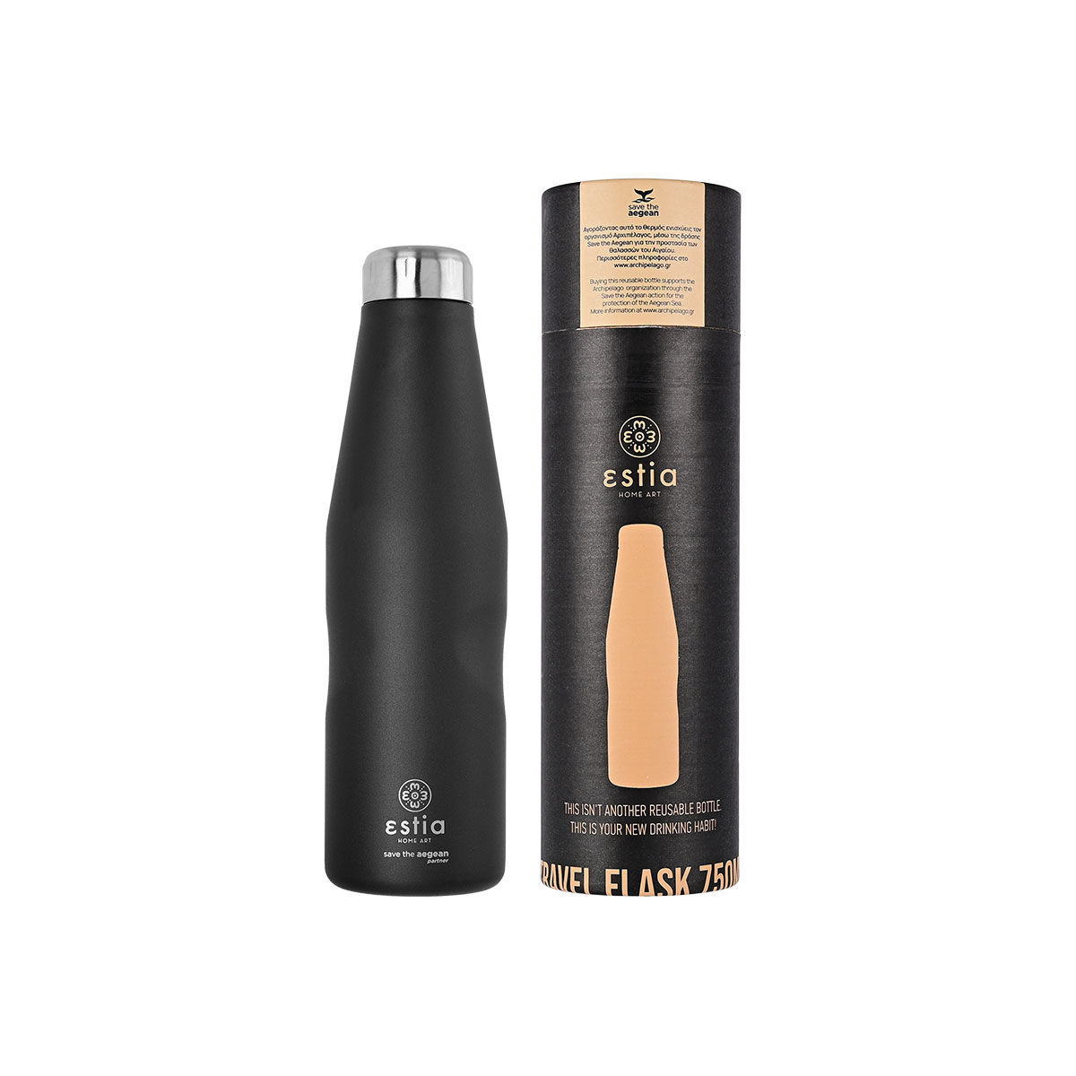 Φωτογραφία προϊόντος: ESTIA HOME ΘΕΡΜΟΣ TRAVEL FLASK SAVE THE AEGEAN 750ml MIDNIGHT BLACK