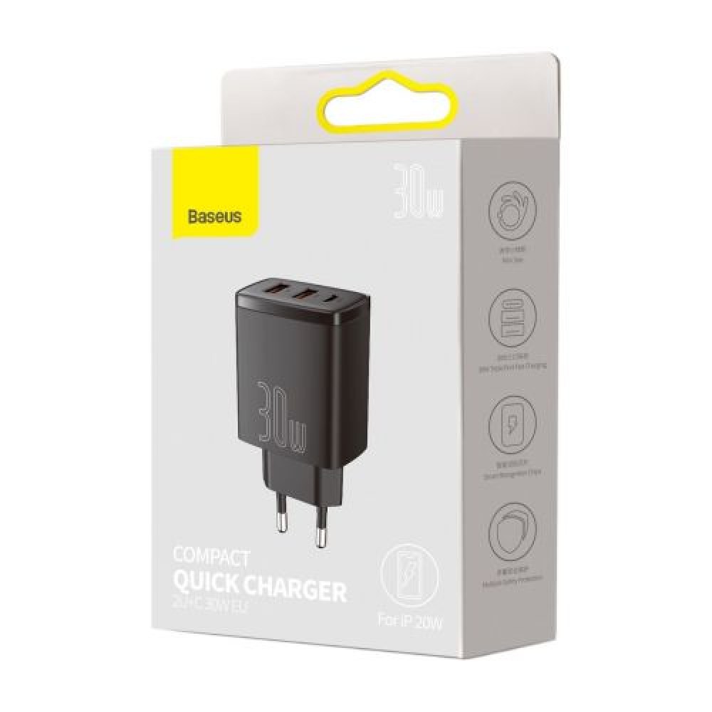 Φωτογραφία προϊόντος: Baseus Compact Quick Charger Type-C/2xUSB 30W Black