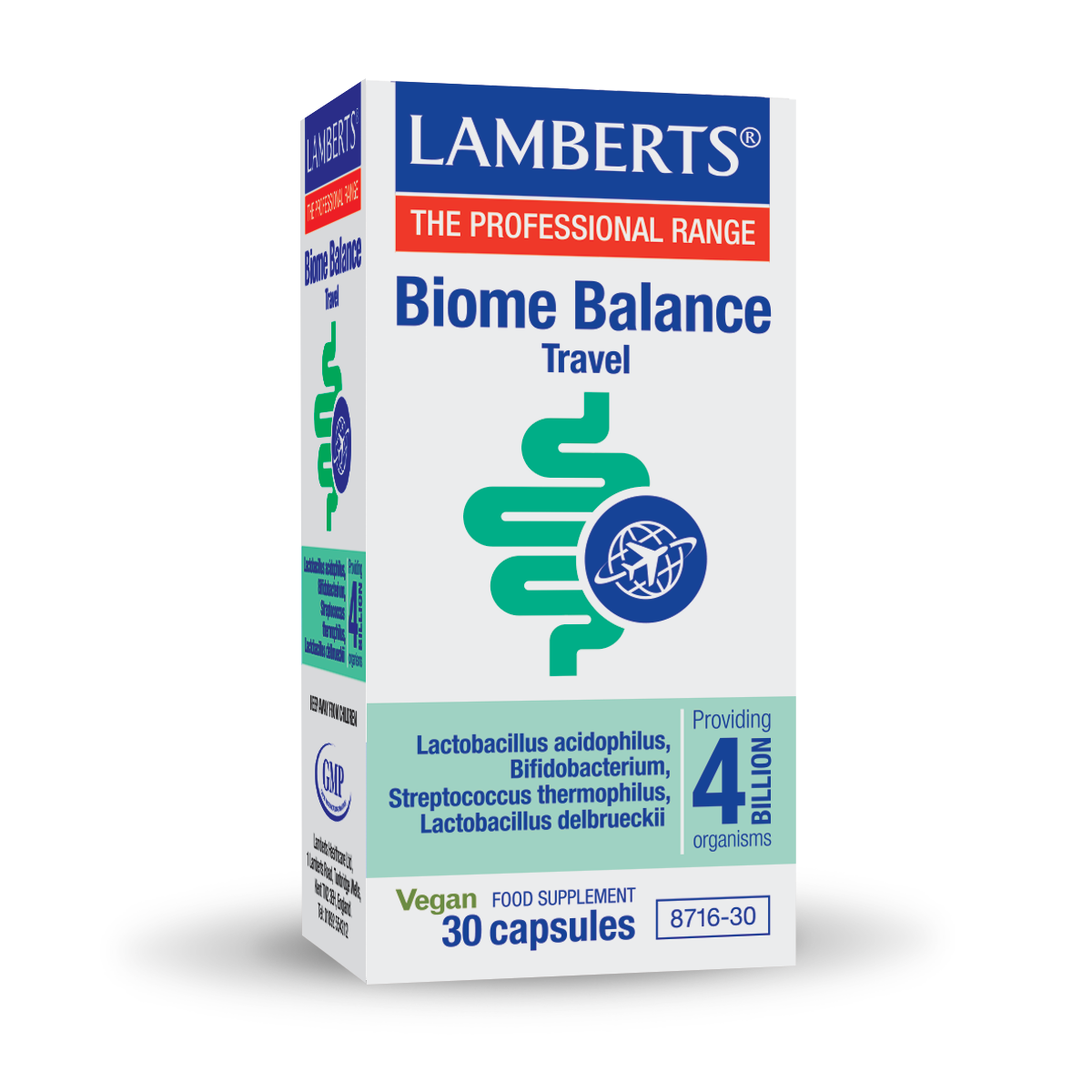 Φωτογραφία προϊόντος: LAMBERTS Biome Balance Travel 30 caps, Συμπλήρωμα Διατροφής για την Ισορροπία Εντερικού Μικροβιώματος κατά τη Διάρκεια Ταξιδιού 30 κάψουλες