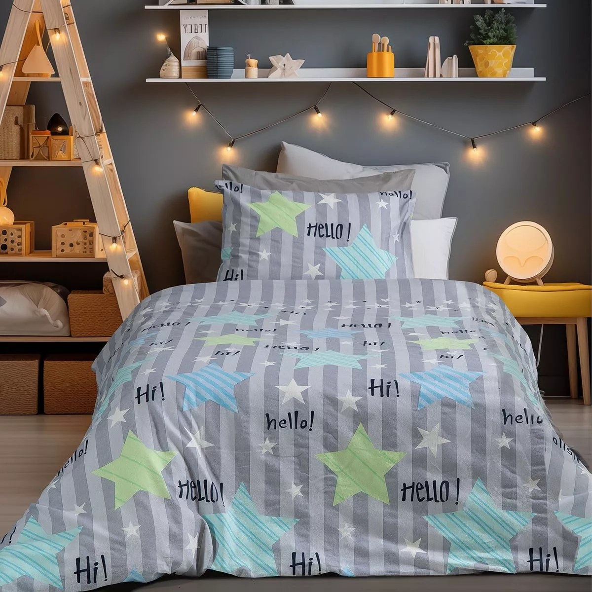 Φωτογραφία προϊόντος: Beauty Home Σετ σεντόνια φανελένια μονά Hello Art 6321 170x260 Γκρι,Μπλε
