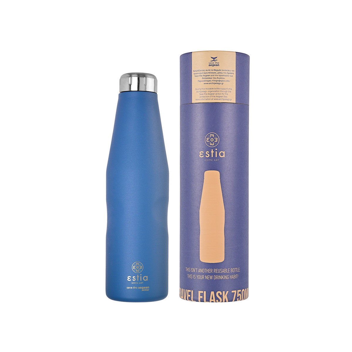 Φωτογραφία προϊόντος: ESTIA HOME ΘΕΡΜΟΣ TRAVEL FLASK SAVE THE AEGEAN 750ml DENIM BLUE