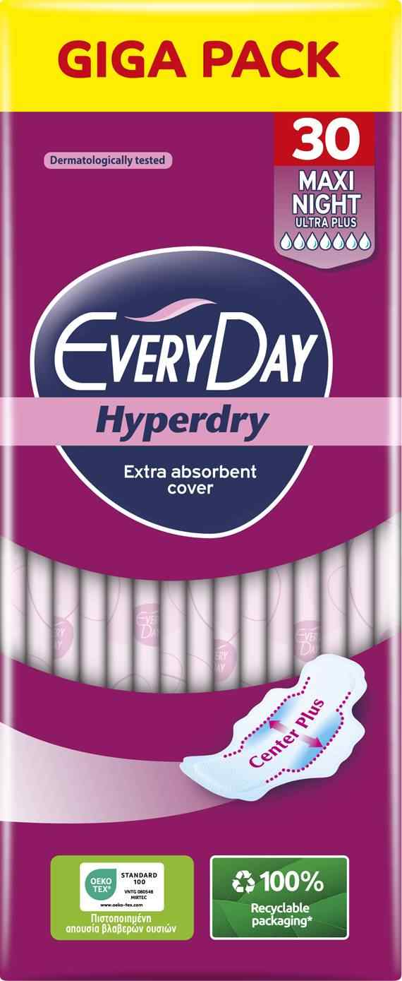 Φωτογραφία προϊόντος: Every Day Ultra Plus Hyperdry Maxi Night Σερβιέτες με Φτερά Giga Pack 30τμχ