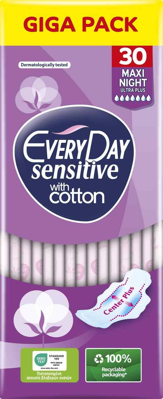 Φωτογραφία προϊόντος: Every Day Ultra Plus Sensitive Maxi Night Σερβιέτες με Φτερά Giga Pack 30τμχ
