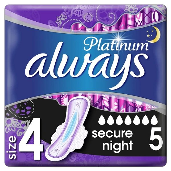 Φωτογραφία προϊόντος: Always Platinum Secure Night Σερβιέτες Με Φτερά Μέγεθος 4 5τεμ