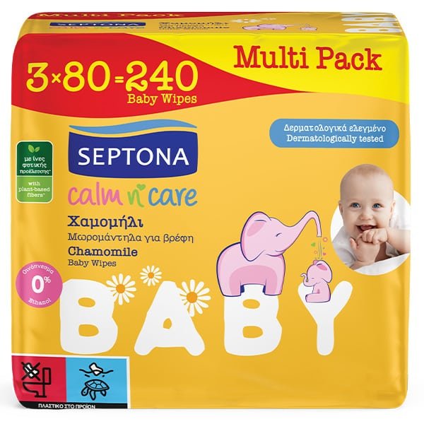 Φωτογραφία προϊόντος: Septona Calm n' Care Chamomile Baby Wipes Μωρομάντηλα με Χαμομήλι & Βιταμίνη Ε 3x80τεμ.