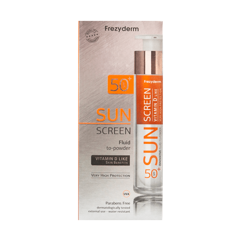 Φωτογραφία προϊόντος: Frezyderm Sun Screen Fluid to Powder Vitamin D Like SPF50+, Αντηλιακή Κρέμα Προσώπου 50ml