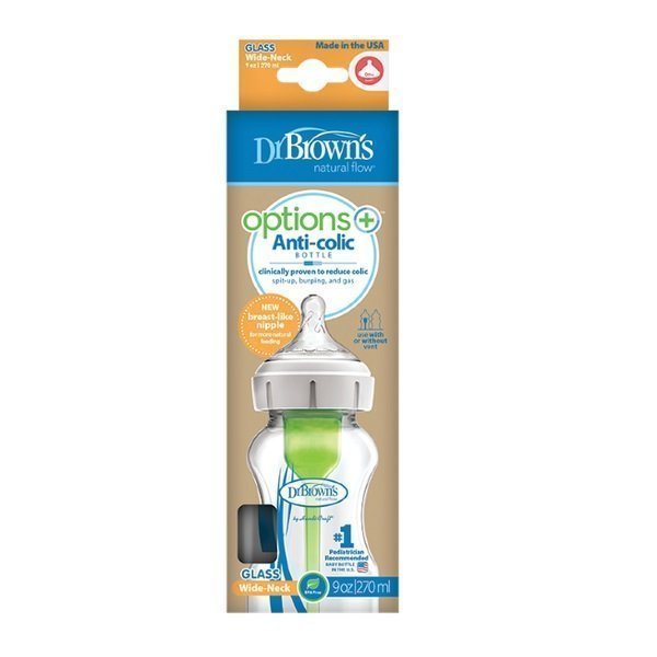 Φωτογραφία προϊόντος: Dr Browns Dr. Brown's Natural Flow Options+, Γυάλινο Μπιμπερό με Φαρδύ Λαιμό & Θηλή Σιλικόνης 270ml