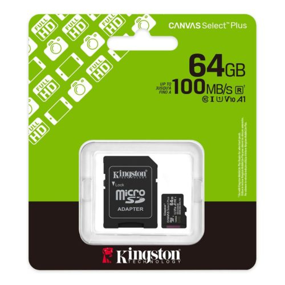 Φωτογραφία προϊόντος: KINGSTON Memory Card MicroSD Canvas Select Plus SDCS3/64GB, Class 10, SD Adapter