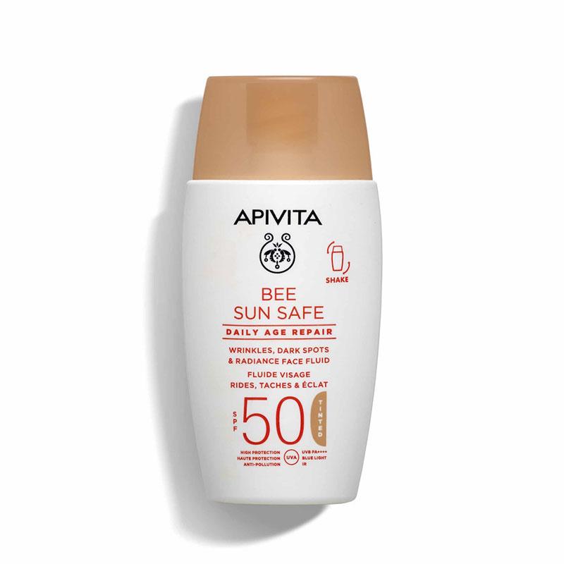 Φωτογραφία προϊόντος: Apivita Bee Sun Safe Daily Age Repair Dry Touch Tinted, Λεπτόρευστη Κρέμα Προσώπου κατά των Πανάδων & Ρυτίδων SPF50 με Χρώμα 50ml