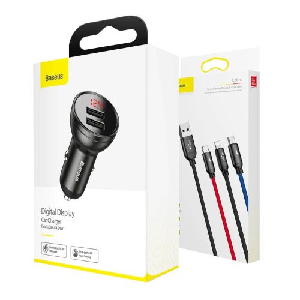 Φωτογραφία προϊόντος: Baseus Car Charger Digital Display 2xUSB with 3-in-1 Cable 1.2m, 24W 4.8A, Black/Gray (TZCCBX-0G)
