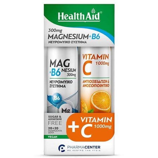 Φωτογραφία προϊόντος: Health Aid Promo Magnesium 300mg & B6 20 Αναβράζοντα Δισκία & Vitamin C 1000mg 20 Αναβράζοντα Δισκία