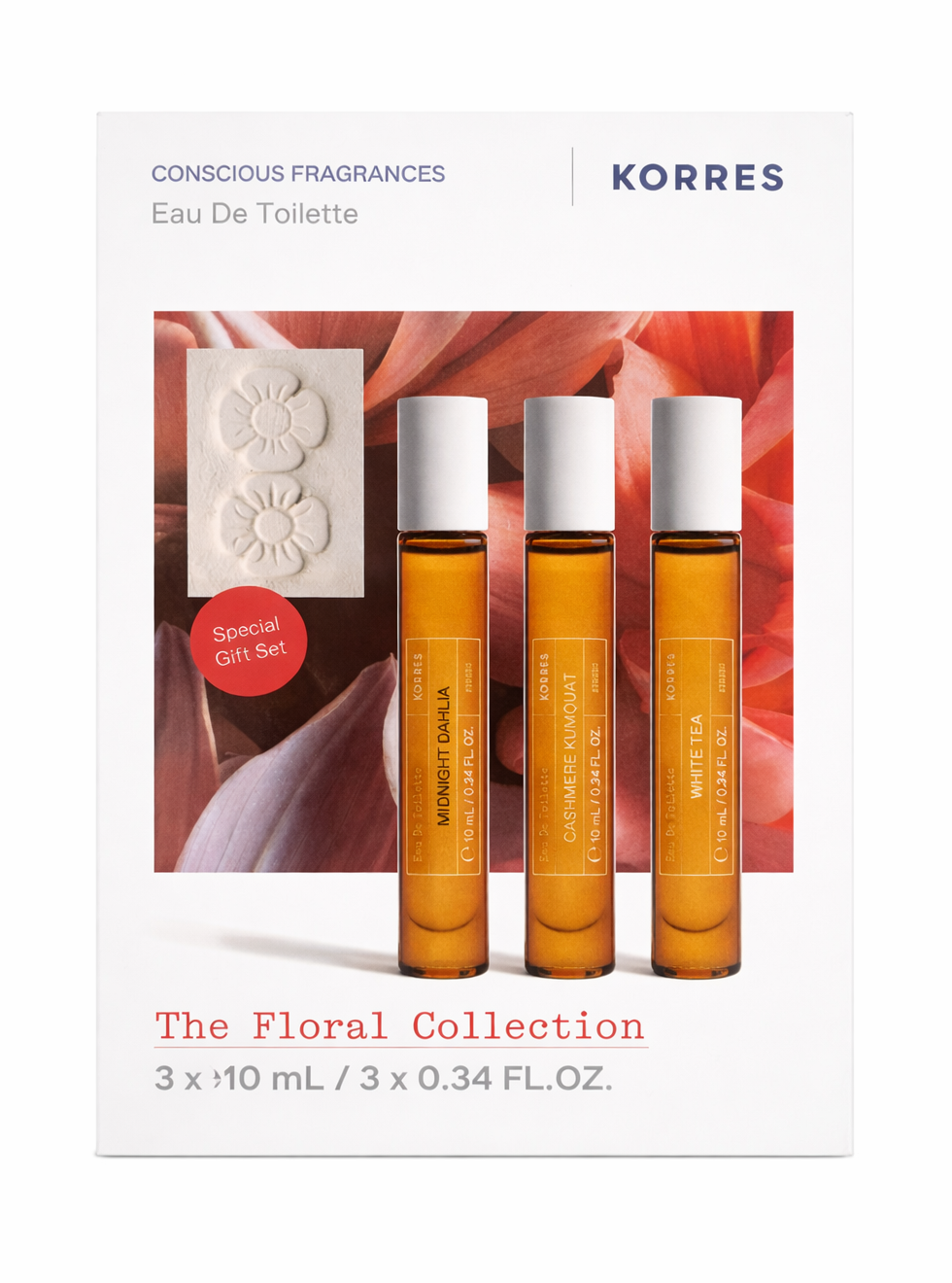Φωτογραφία προϊόντος: KORRES The Floral Collection Promo Pack with Midnight Dahlia Eau de Toilette, 10ml, Cashmere Kumquat Eau de Toilette, 10ml &amp; White Tea Eau de Toilette, 10ml, 1set