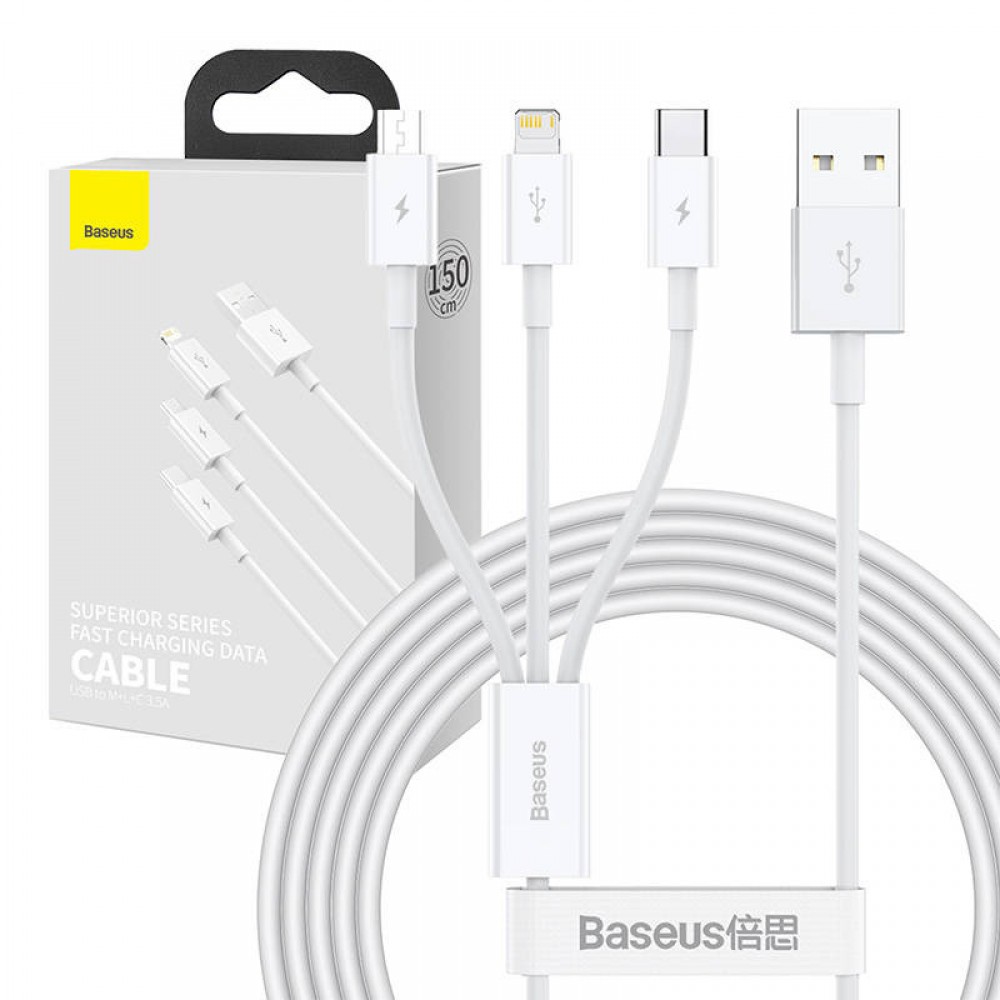 Φωτογραφία προϊόντος: Baseus Καλώδιο USB 3σε1 Superior Series, USB σε MicroUSB / USB-C / Lightning, 3.5A, 1.5 m (Λευκό)