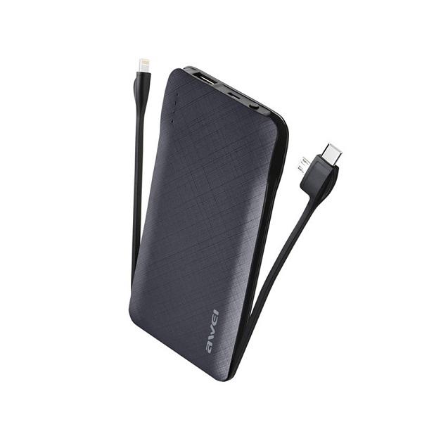 Φωτογραφία προϊόντος: Awei P510K 10000mAh Power Bank με καλώδιο 8 ακίδων, Micro, Type-C, Μαύρο