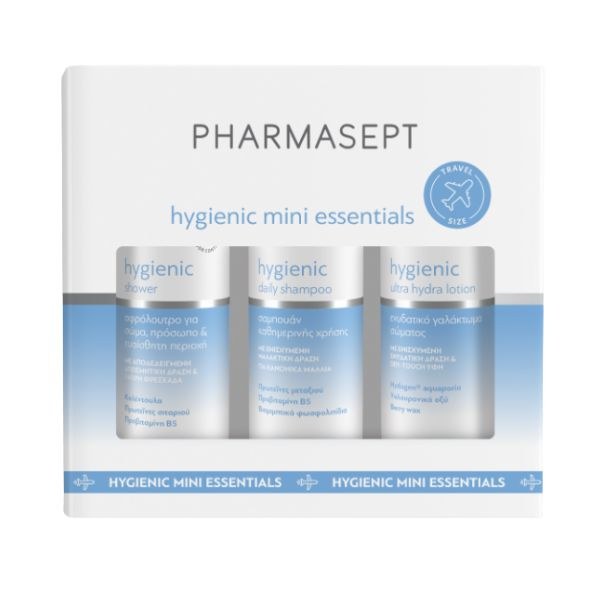Φωτογραφία προϊόντος: Pharmasept Hygienic Mini Essentials Travel Pack Αφρόλουτρο 100ml & Απαλό Σαμπουάν 100ml & Γαλάκτωμα Σώματος 100ml