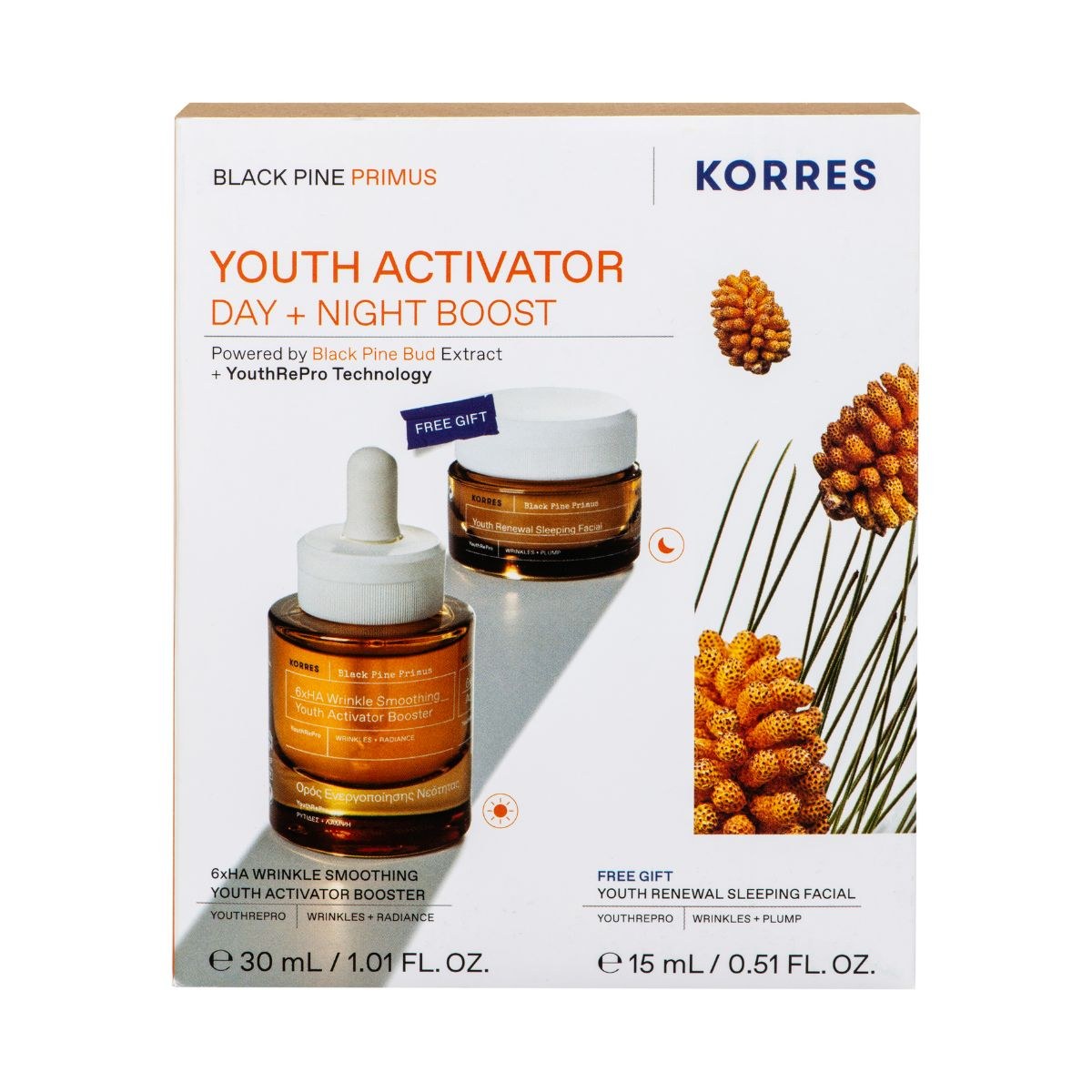 Φωτογραφία προϊόντος: Korres Black Pine Primus Youth Activator Day + Night Boost Promo Set (Ορός 30ml + Δώρο Κρέμα Νύχτας 15ml)