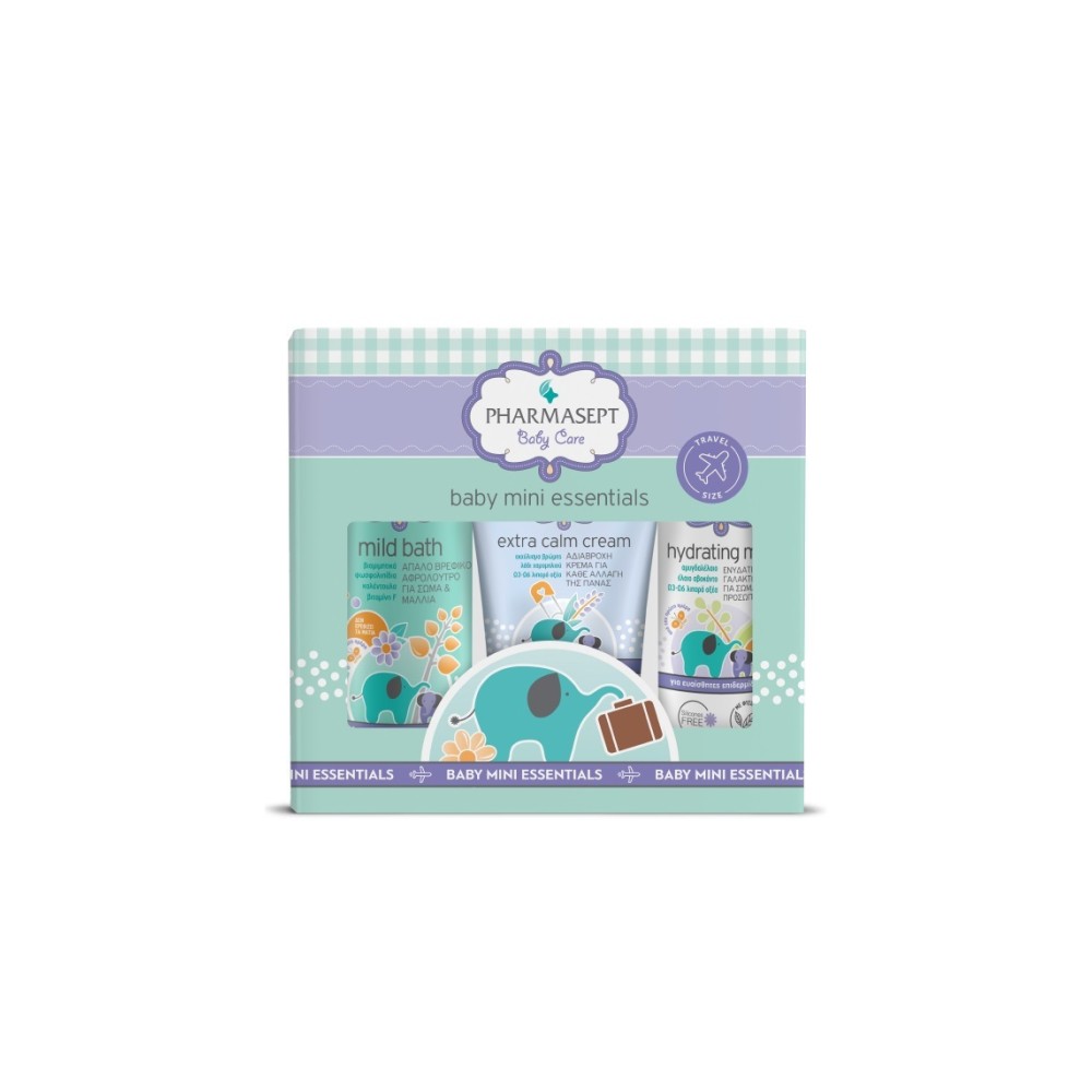Φωτογραφία προϊόντος: Pharmasept Baby Care Mini Essentials Travel Pack (Αφρόλουτρο 100ml, Κρέμα Αλλαγής Πάνας 40ml, Γαλάκτωμα Σώματος 40ml)