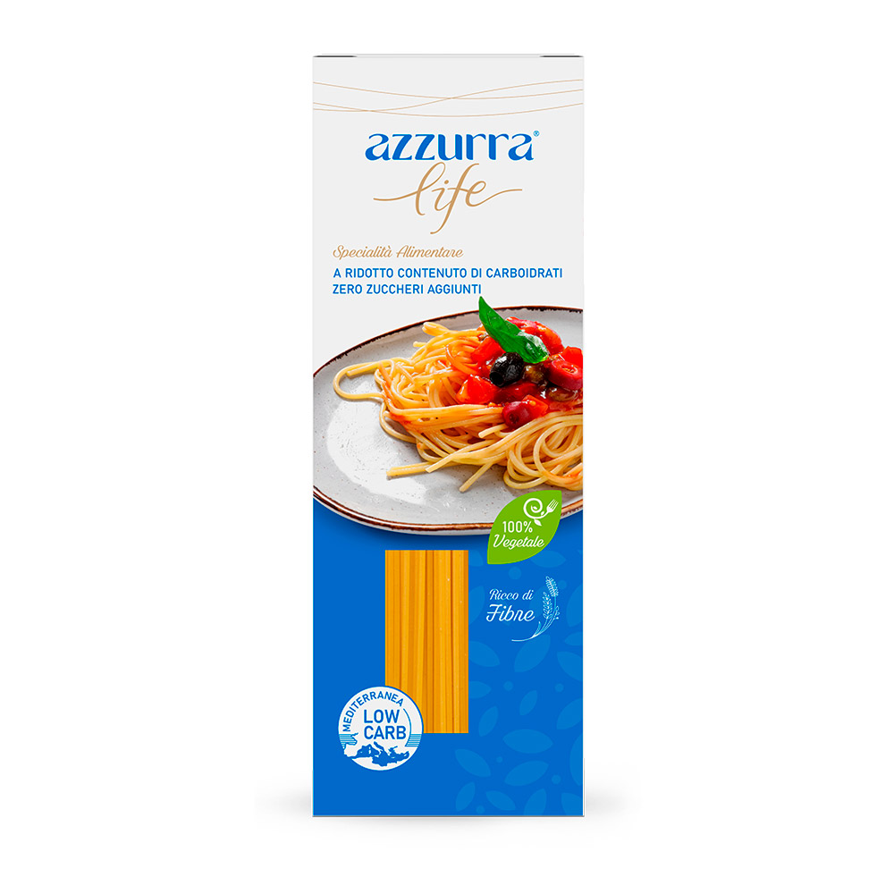Φωτογραφία προϊόντος: Ζυμαρικά Spaghetti με Φυτικές Ίνες & Πρωτεΐνη Low Carb Vegan Azzurra Life 250g