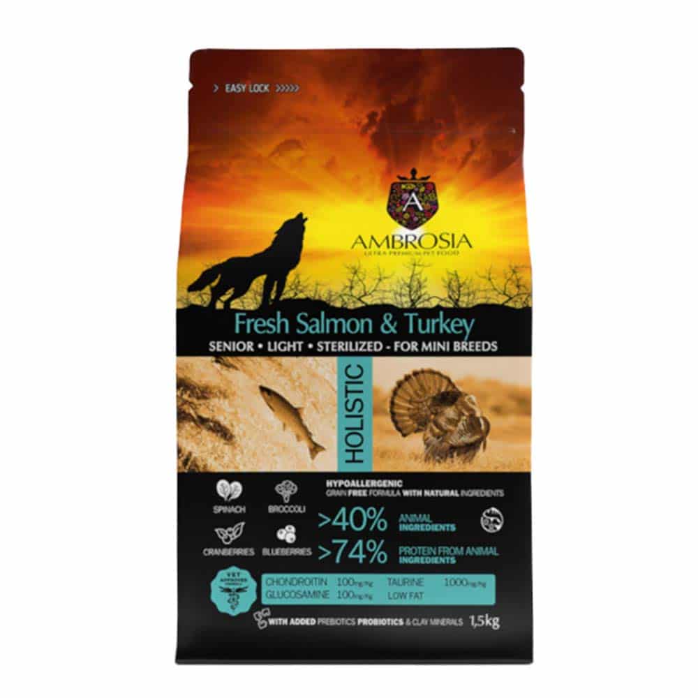 Φωτογραφία προϊόντος: AMBROSIA ADULT MINI SENIOR LIGHT STERILISED 1.5Kg FRESH SALMON & TURKEY