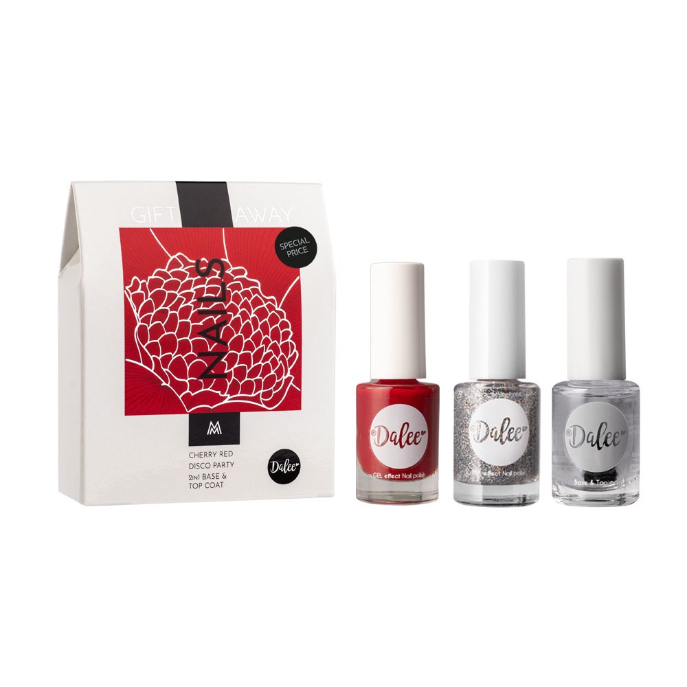 Φωτογραφία προϊόντος: DALEE Gift Away Nails - 2in1 Base & Top Coat 12ml, Cherry Red 12ml & Disco Party 12ml