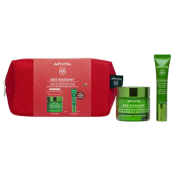 Φωτογραφία προϊόντος: APIVITA Bee Radiant Promo Pack με Κρέμα Ελαφριάς Υφής για Σημάδια Γήρανσης & Ξεκούραστη Όψη 50ML & Δώρο Κρέμα Ματιών για Σημάδια Γήρανσης & Ξεκούραστη Όψη 15ML & Νεσεσέρ 1τεμ, 1σετ