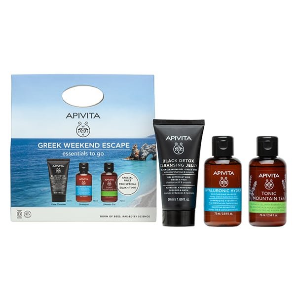 Φωτογραφία προϊόντος: APIVITA Promo Greek Weekend Escape Εssentials To Go Cleansing Black Detox Gel Καθαρισμού 50ml, Hyaluronic Hydra Σαμπουάν 75ML Kαι Tonic Mountain Tea Aφρόλουτρο 75ML