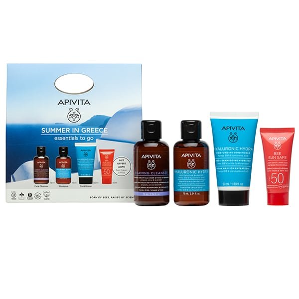 Φωτογραφία προϊόντος: APIVITA Promo Summer in Greece Essentials to Go Αφρός Καθαρισμού Για Πρόσωπο Και Μάτια 75ML, Hyaluronic Hydra Σαμπουάν 75ML, Hyaluronic Hydra Κρέμα Μαλλιών 50ML Και Δώρο Bee Sun Sa